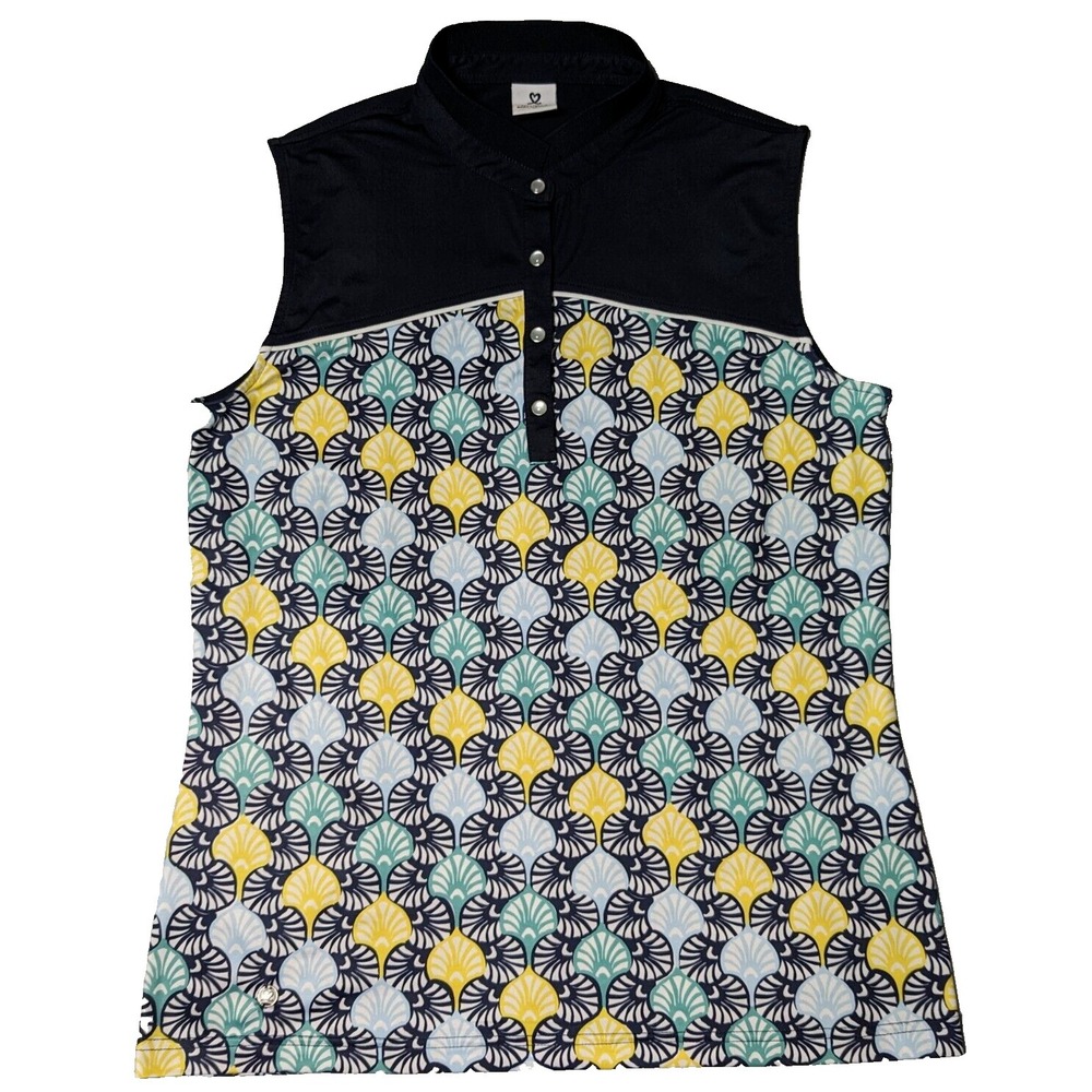 DAILY SPORTS Women‎ Medium Scallop GEO Blue Multi Sleeveless Golf Polo Shirt EUC